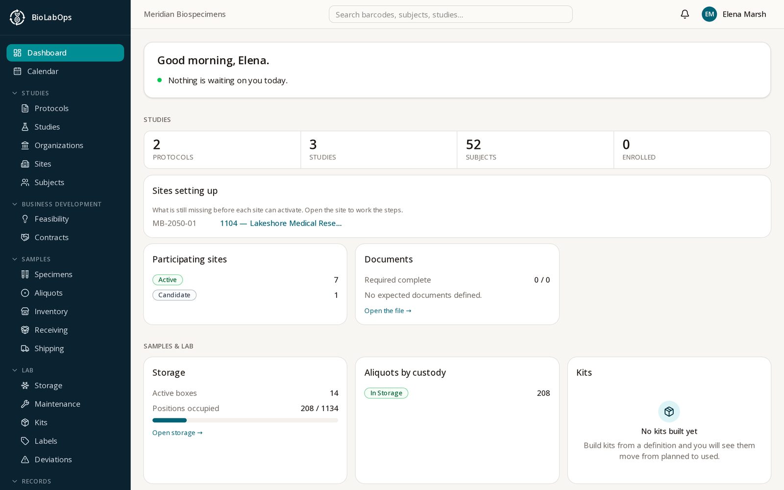 The dashboard: a morning briefing, study counts, sites setting up, storage occupancy and aliquots by custody