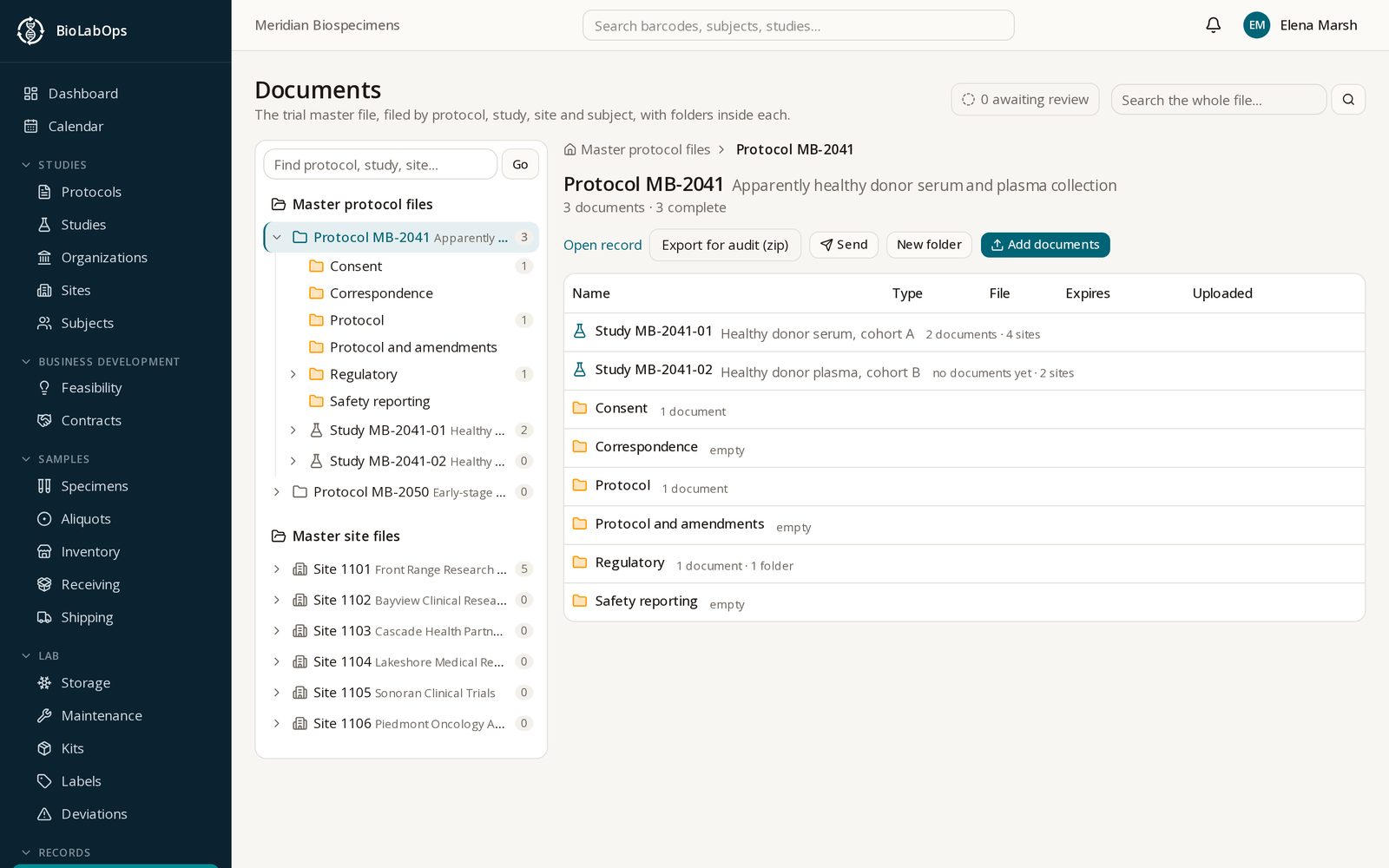 The Documents screen: master protocol files and master site files in a tree, with folders, counts and expected documents