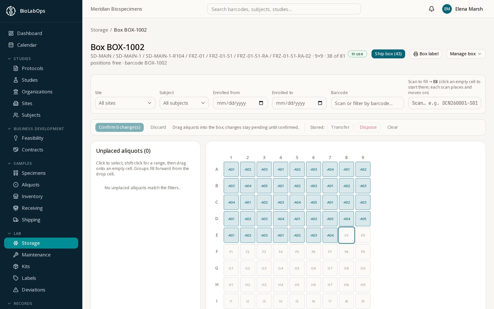 A 9 by 9 storage box on screen, 43 positions filled, with filters, scan-to-fill and transfer controls